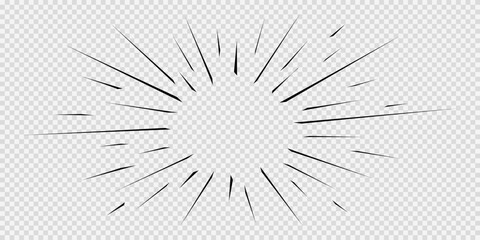 Obraz premium Black radial lines on transparent background. Boom, burst, explosion, flash rays effect in manga comic book. Surprise, attention, superhero phenomenon graphic anime design. Vector illustration