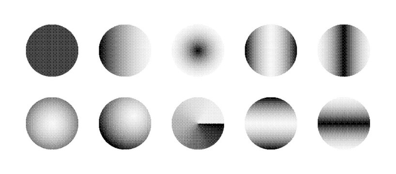 Circles With Various Bitmap Dither Gradient Vector Set Isolated On White Background. Round Shapes With Different Retro 8 Bit Graphic Art Style Textures Design Elements Collection. Black Noise Halftone