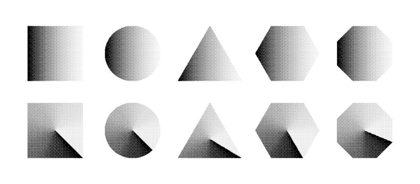 Basic Geometric Shapes With Bitmap Dither Gradient Vector Set Isolated On White Background. Square Circle Triangle Hexagon Octagon Form With Retro 8bit Art Style Texture Design Element Collection