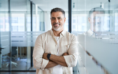 Handsome hispanic senior business man with crossed arms smiling at camera. Indian or latin confident mature good looking middle age leader male businessman on blur office background with copy space. 