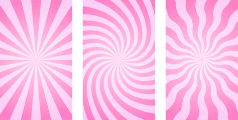 Vertical posters with pink radial stripes. Trendy retro y2k pattern. Rosy sunburst, explosion or surprise design effect. Manga style background. Bubble gum, lollipop candy texture. Vector illustration