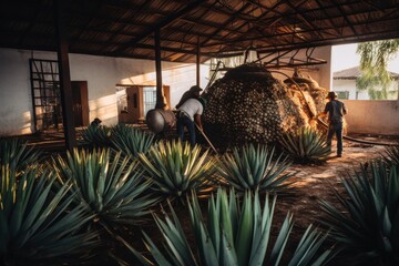 A shot of a tequila distillery in Mexico, with workers tending to the agave plants and stills, emphasizing the traditional and artisanal nature of the product. Generative AI - obrazy, fototapety, plakaty