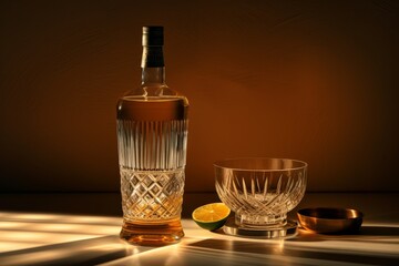 A creative shot of a tequila bottle and glass in a dramatic lighting setup, giving the impression of a high-end luxury product. Generative AI - obrazy, fototapety, plakaty