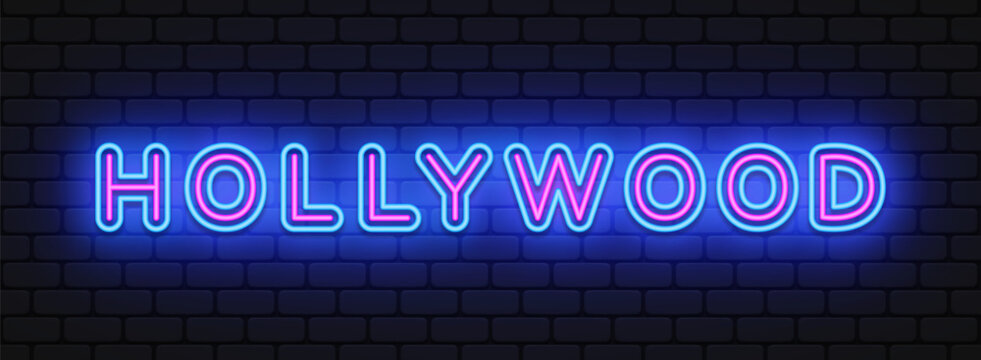 Hollywood Neon poster on black backdrop. Retro hollywood neon, great design for any purposes. Vector art illustration
