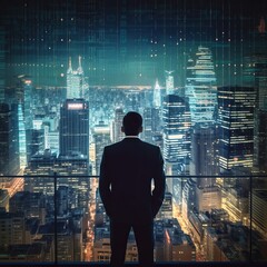 A businessman standing in front of a stock market chart, with a cityscape overlaid on top of the chart, symbolizing the interconnectivity between the financial world and the real world. Generative AI