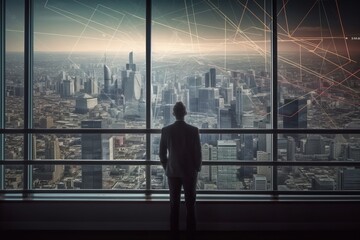A man standing in front of a large window with a city skyline in the background and a line graph. The image is taken from a high angle to show a sense of control in the midst of chaos. Generative AI