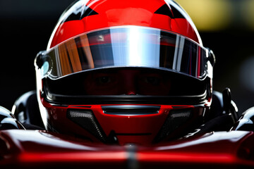 Fototapeta premium Extreme Close-Up of the Front of a Red Formula 1 Helmet with Reflections of the Race Track and Cars in the Visor. Generative AI