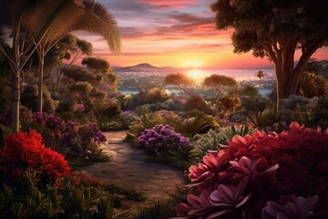 A panoramic view of a buganvillea garden with a sunset in the background, creating a calming and serene atmosphere. Generative AI
