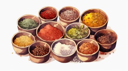 spices and herbs in bowls, isolated on a white background, generative ai