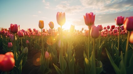 Fototapeta na wymiar Field of fresh beautiful colorful tulips bloom at sunrise. Created with generative AI technology.