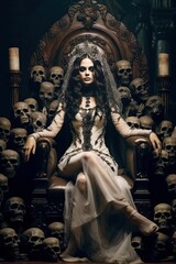 A vampire woman sitting on a throne made of skulls with her hands on the armrests, looking menacingly at the viewer. Generative AI