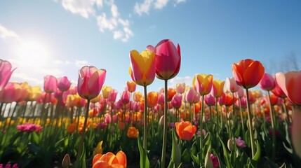 Field of fresh beautiful colorful tulips bloom at sunrise.
Created with generative AI technology.