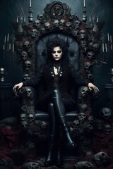 A vampire woman sitting on a throne made of skulls with her hands on the armrests, looking menacingly at the viewer. Generative AI