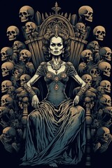 Obraz premium A vampire woman sitting on a throne made of skulls with her hands on the armrests, looking menacingly at the viewer. Generative AI