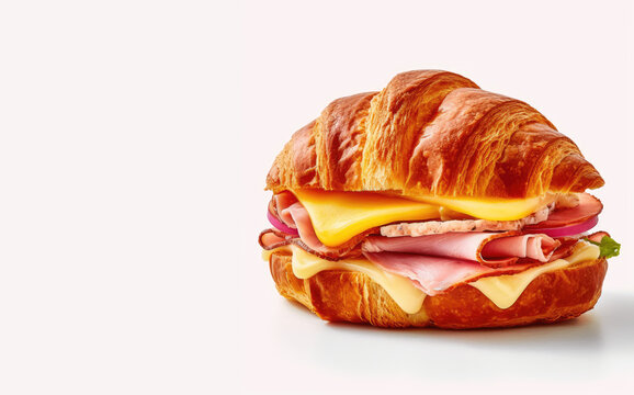Gourmet Breakfast Delight. Tempting picture of a freshly baked croissant sandwich filled with ham and cheese. Copy space available. Culinary concept AI Generative