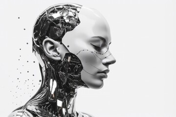 The image depicts a female robot with a sleek, futuristic design. Her face is adorned with bright blue lights that add a touch of sci-fi flair to her otherwise minimalistic appearance. Generative AI