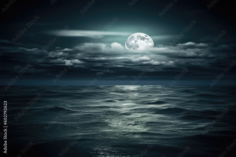 Poster full moon reflecting on the calm ocean waters at night generative ai