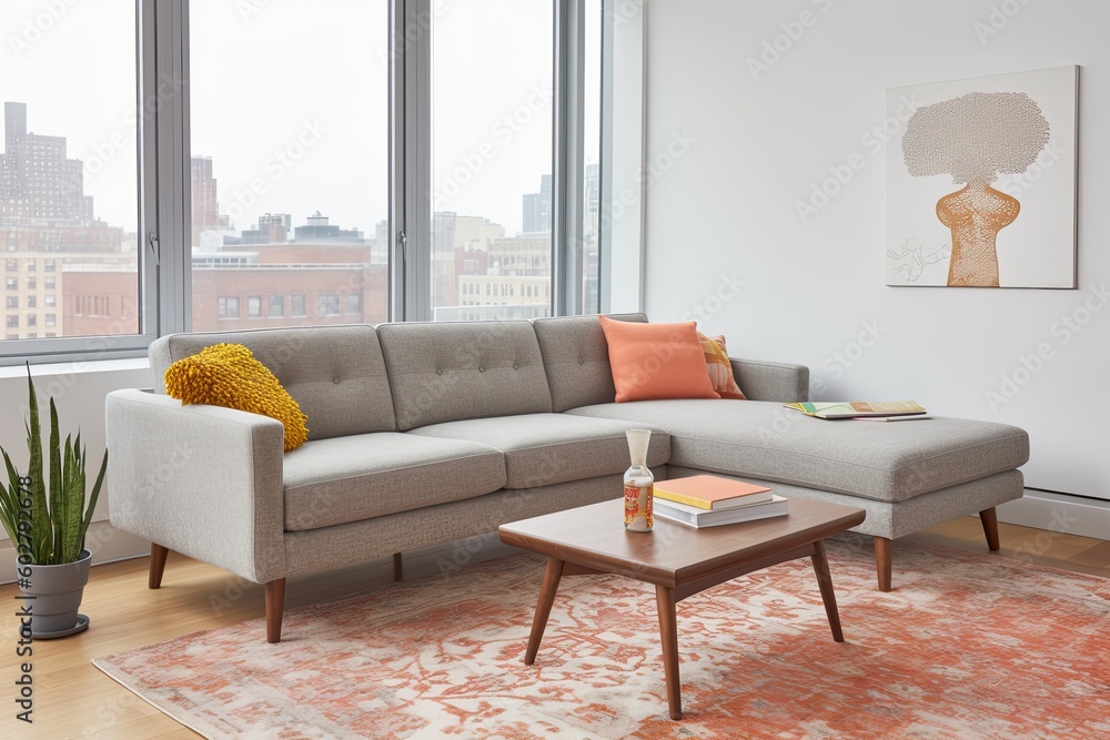 Poster cozy living room with ample seating and natural light streaming in through a large window generative