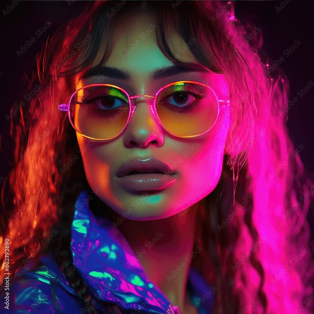 Wall mural Stunning Female Diverse Model Showcasing Luxury Eyewear Glasses in a Fashionable Portrait against a Bokeh Neon Background - Eyewear Concept - Eyecare - Generative AI