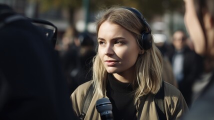 Journalist Female Caucasian Young Adult Interviewing someone with a microphone in hand in Outdoor street. Generative AI AIG22. - obrazy, fototapety, plakaty