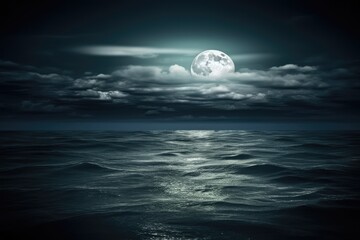 full moon reflecting on the calm ocean waters at night Generative AI