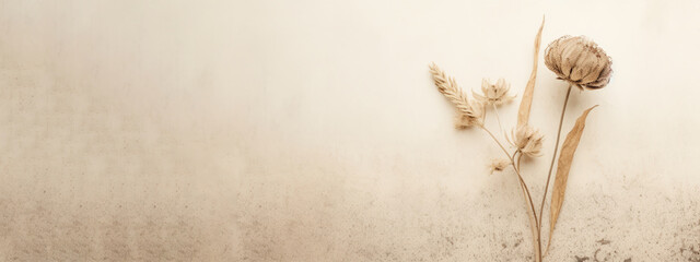 A minimalist banner featuring a single dried flower, with a neutral background that emphasizes the texture and natural beauty of the plant. Generative AI