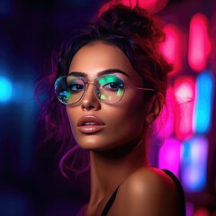 Enchanting Fashion Portrait of a Female Model Embracing Her Style in Luxury Eyewear Glasses on a Bokeh Neon Background - Eyewear Concept - Eyecare - Generative AI