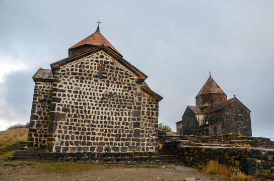 Sevanavank monastery with Holy Apostles (Surp Arakelots) and Holy Mother of God (Surp Astvatsatsin) churches of Sevanavank monastery located on peninsula of Lake Sevan, Armenia