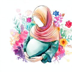 Joyful Watercolor Portrait of a Pregnant Woman, Generative AI