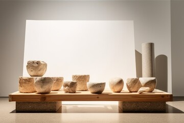 wooden table with a collection of rocks on top Generative AI