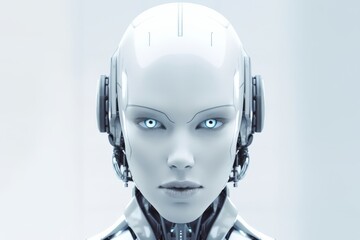 White robot with a smooth and polished exterior stands in the center of the image. Its blue eyes are the focal point of the image, reflecting a sense of intelligence and awareness. Generative AI
