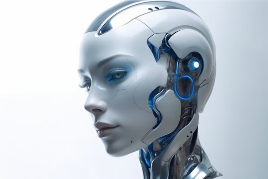 White robot with a smooth and polished exterior stands in the center of the image. Its blue eyes are the focal point of the image, reflecting a sense of intelligence and awareness. Generative AI