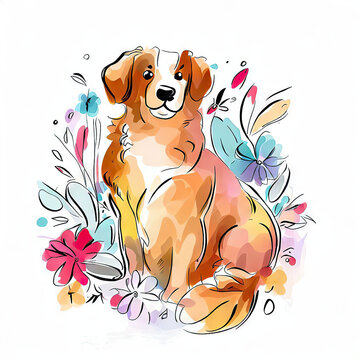 Playful Dog in Watercolor, Floral Vector Elements, Generative AI