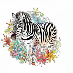 Colorful Zebra with Flowers, Watercolor Illustration, Generative AI