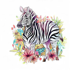 Zebra Wildlife Portrait, Watercolor and Vector Elements, Generative AI