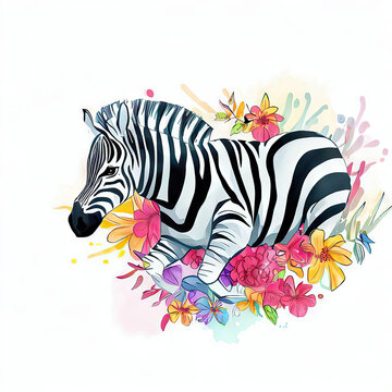 Whimsical Zebra Painting, Watercolor and Flowers, Generative AI