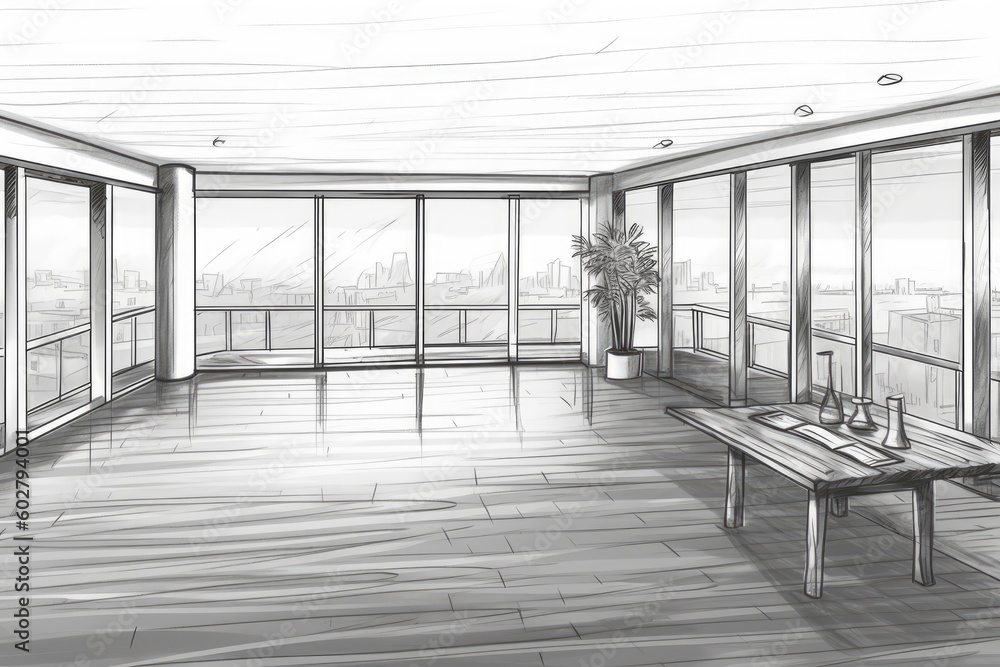 Poster cozy room with a wooden bench and a rustic table generative ai
