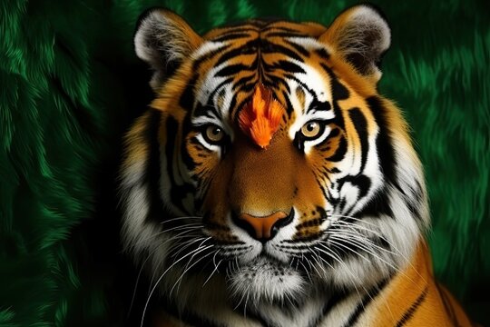 close-up of a fierce tiger on a vibrant green background Generative AI