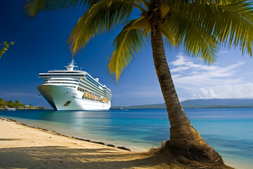 Obraz premium cruise ship to paradisiacal beach with palm tree, travel, luxury, generative ai