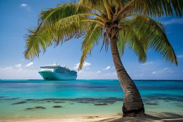 cruise ship to paradisiacal beach with palm tree, travel, luxury, generative ai