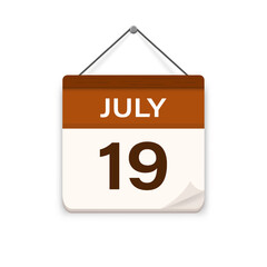 July 19, Calendar icon with shadow. Day, month. Meeting appointment time. Event schedule date. Flat vector illustration.