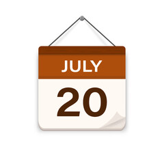 July 20, Calendar icon with shadow. Day, month. Meeting appointment time. Event schedule date. Flat vector illustration.