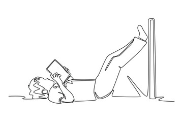 Fototapeta premium Continuous one line drawing happy student girl reading book at leisure time. Book lovers concept. Single line draw design vector graphic illustration.