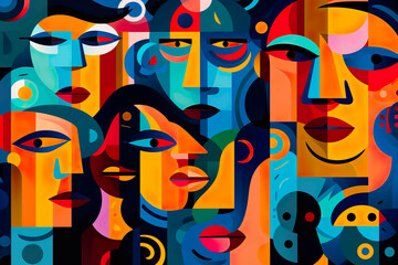 Abstract Artwork Featuring Various Colorful Figures with Bold Graphic Patterns in a Social Media Art Style. Generative AI