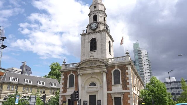 St. George Church and the Shard from Borough High Street near Borough Station