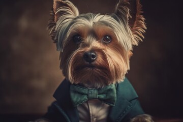 Anthropomorphic Yorkshire terrier dog dressed in a suit like a businessman. Business Concept. AI generated