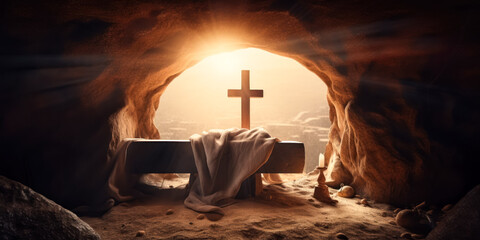Tomb Empty With Shroud And Crucifixion At Sunrise. Resurrection Of Jesus Christ. AI generated, human enhanced