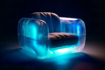 Generative AI illustration of transparent shiny crystal air armchair placed on illuminated surface against black background