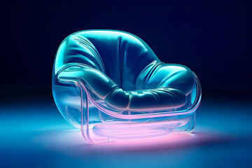 Generative AI illustration of transparent shiny crystal air armchair placed on illuminated surface against black background
