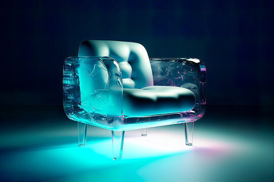 Generative AI illustration of transparent shiny crystal air armchair placed on illuminated surface against black background